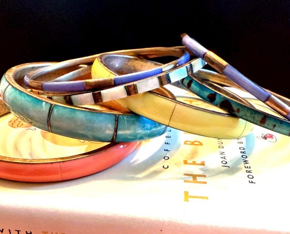 Brass And Shell Inlay Bold Bangle Set Multi Color… - image 1