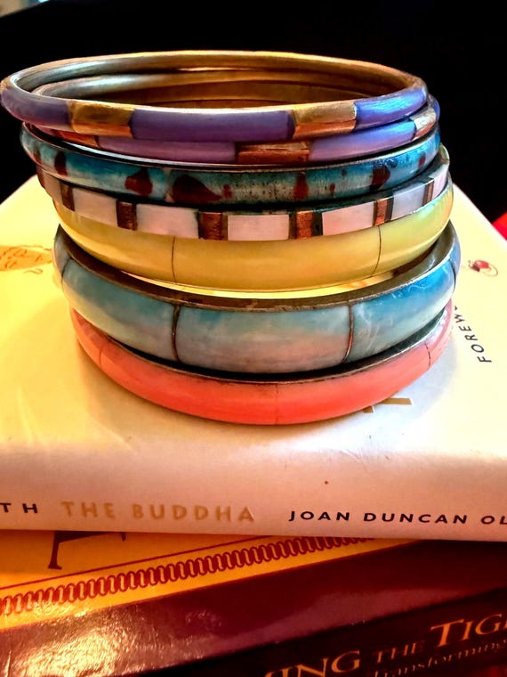 Brass And Shell Inlay Bold Bangle Set Multi Color… - image 2
