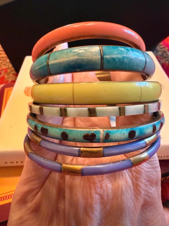 Brass And Shell Inlay Bold Bangle Set Multi Color… - image 5