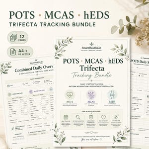May include: A 12-page POTS, MCAS, and hEDS Trifecta Tracking Bundle in A4 and US Letter sizes. The printable documents feature daily symptom trackers, check-in forms, and appointment preparation sheets with botanical leaf illustrations.