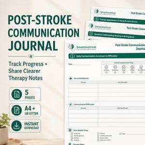 May include: A Post-Stroke Communication Journal with five pages in A4 and US Letter sizes. The document features sections for daily communication successes, difficulties, and personal notes, including a scale for tracking progress and therapy notes.