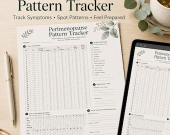 Utskrivbar perimenopausmönsterspårare | Symtomlogg för klimakteriet, HRT-spårare, cykel- och värmevallningsjournal PDF