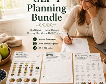 GLP-1 Planer Bundle, Matplanerare, Inköpslista, Matbyggare, Utskrivbar Veckovis Vanespårare