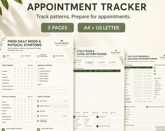 PMDD Symptom Tracker Printable, Cycle Evidence Log and Appointment Planner