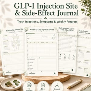 Puede incluir: Un diario de seguimiento de inyecciones y efectos secundarios GLP-1 con cuatro páginas imprimibles que incluyen un mapa de rotación de sitios, registro semanal, rastreador de síntomas y resumen de progreso en verde.