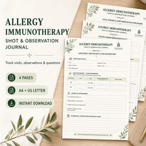 Könnte beinhalten: Ein druckbares Set für ein Allergie-Immuntherapie-Tagebuch mit vier Seiten in A4 und US Letter. Das Dokument enthält Abschnitte für Termindetails, Injektionsaufzeichnungen und klinische Notizen, verziert mit grünen Blattillustrationen.
