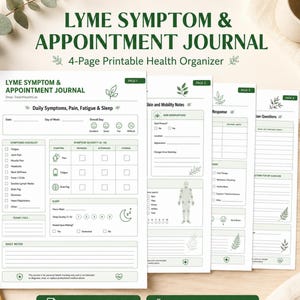 Op de afbeelding: Een vierpagina's tellend printbaar Lyme-symptoom- en afsprakenjournaal met een witte achtergrond, donkergroene tekst en bladillustraties. De pagina's bevatten secties voor dagelijkse symptomen, pijn, vermoeidheid, slaap, huidobservaties en vragen.