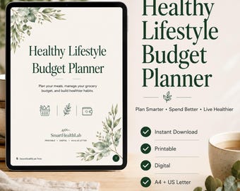 Utskrivbar budgetplanerare för hälsosam livsstil | Budgetspårare för välbefinnande i PDF-format | Budget för livsmedel, måltider och sparande
