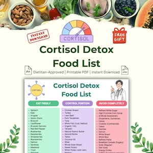 May include: A printable PDF titled "Cortisol Detox Food List" with a color-coded chart of foods to eat freely, control portions, and avoid. The image includes a "Free Gift" icon and a "Instant Download" label.