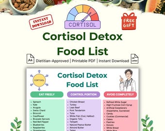 May include: A printable PDF titled "Cortisol Detox Food List" with a color-coded chart of foods to eat freely, control portions, and avoid. The image includes a "Free Gift" icon and a "Instant Download" label.