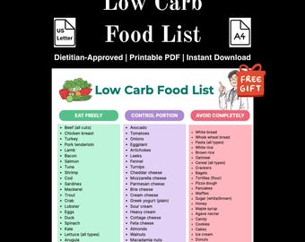 Low Carb Food List Printable, Keto Chart for Carb Counting, Digital PDF Meal Planning