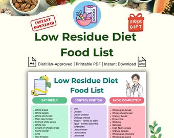 Low Residue Diet Food List Printable PDF, Gut Recovery and Gentle Digestion Meal Planning