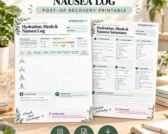 Post Op Recovery Log Printable, Hydration Meals Nausea Tracker, A4 US Letter