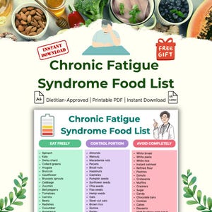 Puede incluir: Un PDF imprimible titulado "Lista de alimentos para el síndrome de fatiga crónica" con la aprobación de un dietista. La lista clasifica los alimentos en secciones "Comer libremente", "Controlar la porción" y "Evitar por completo".