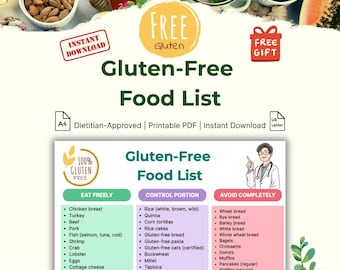 Glutenfreie Lebensmittelliste zum Ausdrucken | Zöliakie Diät-Anleitung | A4 US Letter PDF