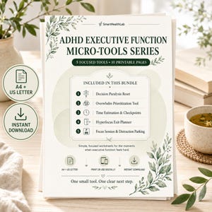 Pode incluir: Um documento imprimível branco intitulado ADHD Executive Function Micro-Tools Series com ilustrações de folhas verdes. Lista cinco ferramentas incluindo Decision Paralysis Reset e Overwhelm Prioritization Tool, com opções de tamanho A4 e US Letter.