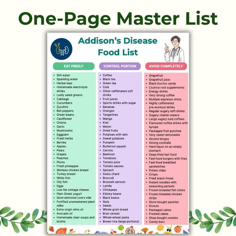 Addison’s Disease Food List Printable (eat Freely / Control / Avoid ...