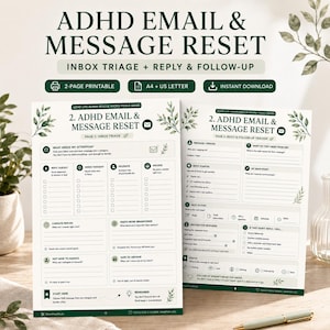 Könnte beinhalten: Ein zweiseitiger, ausdruckbarer ADHD-Planer für E-Mails und Nachrichten mit Bereichen für Posteingangstriage, Antwortvorlagen und Nachverfolgung. Die weißen Blätter enthalten dunkelgrünen Text, Blattillustrationen und Kontrollkästchen zur Organisation der Kommunikation.