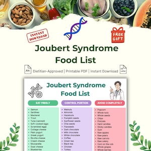 May include: A printable PDF food list for Joubert Syndrome, featuring a green, white, and purple color scheme. The list is dietitian-approved and categorizes foods into "Eat Freely", "Control Portion", and "Avoid Completely" sections.