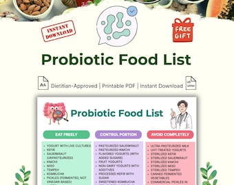 Lista de alimentos probióticos imprimible / Tabla de alimentos fermentados / Guía dietética para la salud intestinal (PDF)