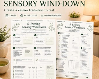 Evening Sensory Wind Down Printable, Adult Bedtime Routine and Sensory Reset Worksheets