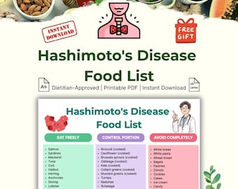 Lista de alimentos para la tiroiditis de Hashimoto (PDF imprimible) / Dieta apta para la tiroides / Alimentos antiinflamatorios sin gluten