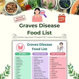 May include: A digital printable PDF titled "Graves Disease Food List" with a pink thyroid graphic. The list categorizes foods into "Eat Freely", "Control Portion", and "Avoid Completely" sections. Includes a "Free Gift" and "Instant Download" label.
