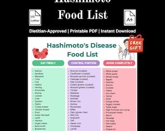 Hashimoto Lebensmittelliste zum Ausdrucken, Thyroid Safe Diet Chart für Hypothyreose, digitaler Schilddrüsen-Speiseplan