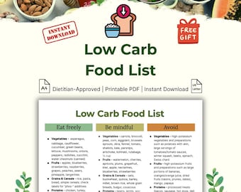 Low Carb Food List Printable, Keto Chart for Carb Counting, Instant Download Digital