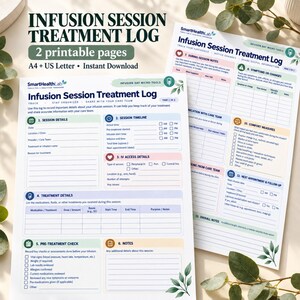 以下が含まれることがあります： SmartHealthLabによる点滴セッション治療ログの印刷可能な2ページ。フォームには、セッションの詳細、タイムライン、IVアクセス、治療の詳細、治療前のチェック、メモ、症状、快適さの対策、フォローアップのためのセクションが含まれています。