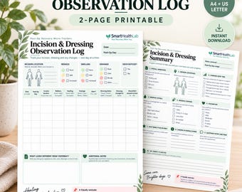 Incision and Dressing Observation Log, Post Op Recovery Tracker, Printable PDF