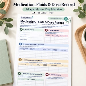 May include: A white printable worksheet titled Medication, Fluids & Dose Record with sections for infusion details, pre-medications, infusion treatments, additional fluids, medications taken before arrival, and important notes in a grid layout.