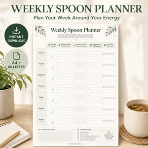 May include: A white weekly spoon planner template with dark green text and leaf illustrations. The grid includes columns for starting spoons, important tasks, recovery time, appointments, and end of day feelings for each day of the week.