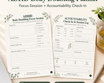 Utskrivbar ADHD Body Doubling Planner, fokussession och ansvarskontrollarbetsblad