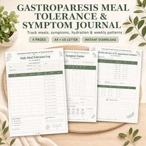 Könnte beinhalten: Ein Gastroparese-Ernährungs- und Symptomtagebuch mit Seiten für tägliche Mahlzeitenprotokolle, Symptomverfolgung und wöchentliche Terminübersichten. Das druckbare Dokument enthält Abschnitte für Mahlzeiten, Symptome und Hydratation in A4 und US Letter.
