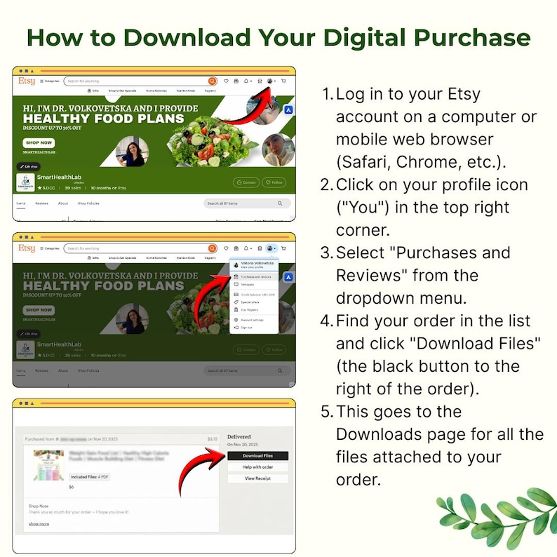 The image is a step-by-step guide on how to download a digital purchase from an online marketplace, specifically from Etsy. It provides instructions on how to log in to an Etsy account, click on the profile icon, and select purchases and reviews from the dropdown menu. The guide also explains how to find the order in the list and click on the "Download Files" button to download the files attached to the order.