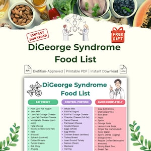 May include: A printable PDF food list for DiGeorge Syndrome, featuring a color-coded chart with foods to eat freely, control portion, and avoid. Includes a dietitian-approved seal and the text "Instant Download".