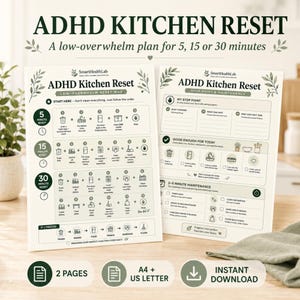 Puede incluir: Dos páginas impresas tituladas ADHD Kitchen Reset, que presentan un plan para 5, 15 o 30 minutos. Los documentos incluyen un mapa de reinicio, secciones de mantenimiento y listas de verificación con iconos para organizar la cocina.