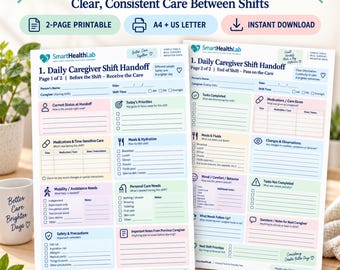 Daily Caregiver Shift Handoff Printable, Home Care Communication Log, 2 Page PDF