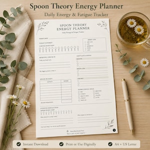 Puede incluir: Un planificador de energía Spoon Theory en papel blanco con texto y gráficos de líneas en negro. El diseño incluye secciones para el seguimiento diario de la energía, conteo de cucharas, registros matutinos y reflexiones nocturnas.