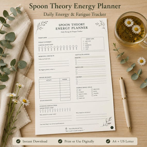 Spoon Theory Energy Planner Printable, Chronic Illness Fatigue Tracker, Low Energy Daily Planners, POTS