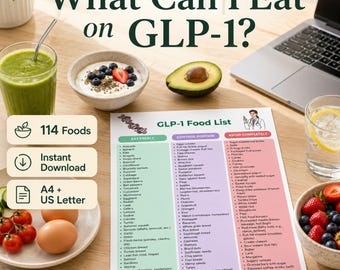 GLP-1 livsmedelslista utskrivbar | Vad man ska äta på Ozempic, Wegovy och Mounjaro | 114 livsmedel PDF