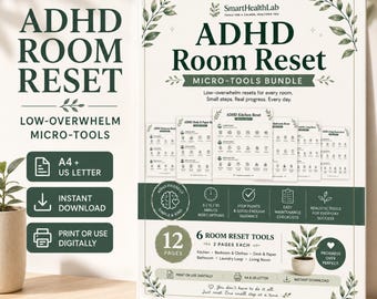 ADHD Room Reset Printable Bundle, 5 15 30 Minute Cleaning Checklists, Executive Function Tools
