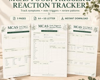 Utskrivbar MCAS-symptomspårare, matutlösande logg, reaktionsjournal och sammanfattning av läkarbesök