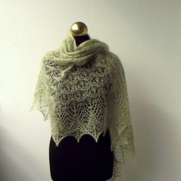 Green Tea color hand knitted shawl, kid mohair and silk  lace shawl with nupps , READY TO SHIP