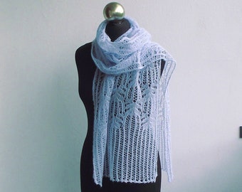 Ice Blue hand knitted alpaca lace scarf ,   Frost Flowers pattern knit scarf, READY TO SHIP