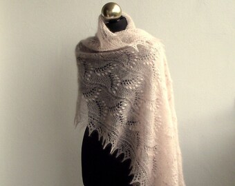 Pale Light Pearl Pink hand knitted kid silk lace shawl with nupps,  knit  mohair and silk  stole, READY TO SHIP