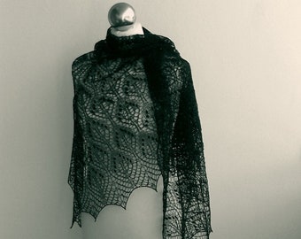 Very Dark Green linen hand knitted lace shawl, summer lace shawl with nupps, READY TO SHIP