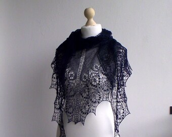 Deep Navy Blue linen hand knitted lace shawl, summer lace shawl with nupps and beads, READY TO SHIP