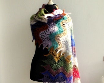 Multicolor hand knitted lace scarf, OOAK mohair lace shawl